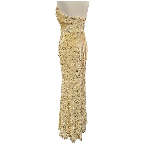 NWT Beige Gold Strapless Sequin Evening Gown with Corset Back on Velvet Fabric - Picture 10 of 12